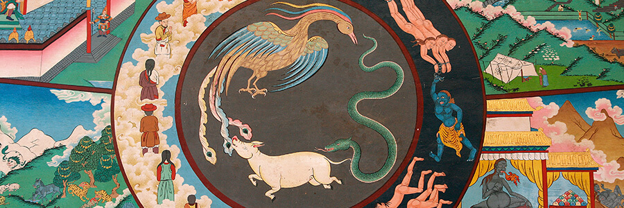 painting representing the three humors in tibetan medicine and the Physiology of the humors and constituents